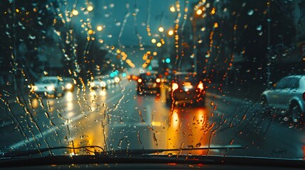 Fototapeta premium In the foreground is an empty car windshield, on which we can see cars driving in traffic far away. it looks dark with street lights shining through raindrops falling from above. 