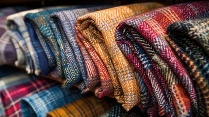A stack of plaid and multicolored blankets