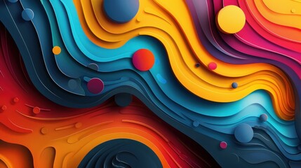 A colorful abstract painting with a wave pattern and many circles