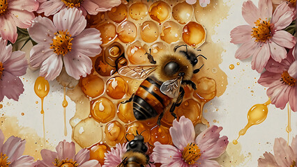 Delicate Honey Beehive with Watercolor Flowers and Milk Drops