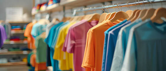 colorful T-shirts on the standing hanger in clothing store