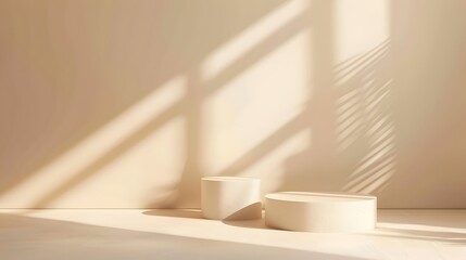 Minimalist plain beige background for product presentation with two simple cylinder pedestal podiums and a shadow on the copy space.
