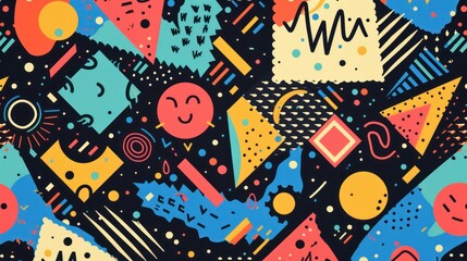 A colorful, abstract design with many shapes and patterns
