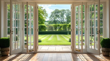 Fototapeta premium Open the prestigous white patio doors, view of a large garden with a lawn and trees and hedges, bright daylight, interior design. 