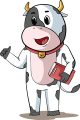 cartoon illustration design of a baby dairy cow giving a thumbs up and carrying a book.eps