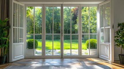 Open the prestigous white patio doors, view of a large garden with a lawn and trees and hedges, bright daylight, interior design.
