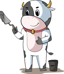 cartoon illustration design of a baby dairy cow becoming a builder.eps