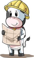 cartoon illustration design of a baby dairy cow holding a working image as an engineer.eps