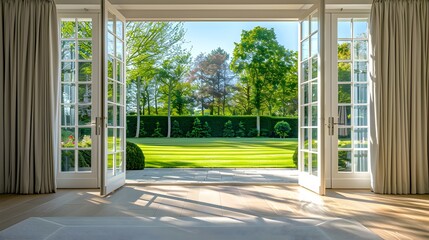 Open the prestigous white patio doors, view of a large garden with a lawn and trees and hedges, bright daylight, interior design.
