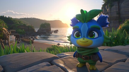 A blue bird with a green scarf stands on a rock overlooking a beach