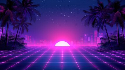 A neon cityscape with a sunset in the background
