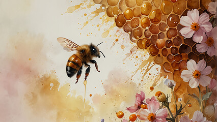 Delicate Honey Beehive with Watercolor Flowers and Milk Drops