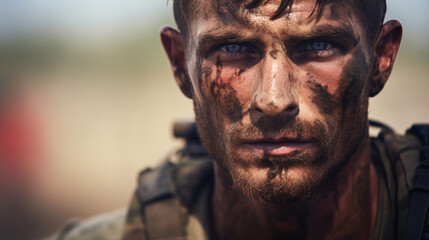 World war solder in the war, sad mood on face, closeup 
