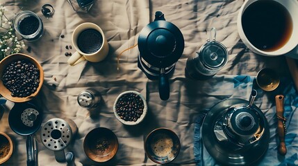 Coffee Lovers' Dream: Artistic Flat Lay of Fresh Coffee Beans and Brew Accessories on Textured Tablecloth