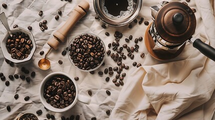 Rustic Coffee Lover's Delight - Creative flat lay of coffee beans, French press, grinder, and accessories on textured tablecloth for cozy caffeine bliss