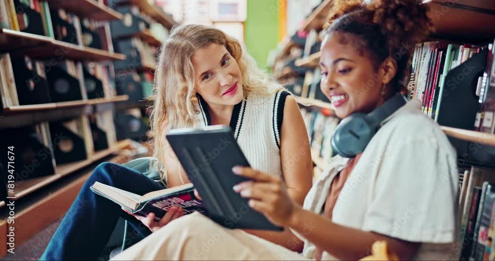Aufkleber College, students and learning with tablet in library on campus or study ebook for online course. University, elearning and people reading with tech at academy for knowledge, info or project research