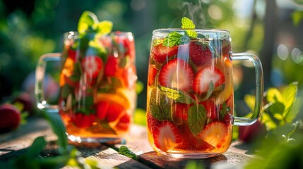 Pimms in glass mugs with strawberries and mint, outdoors on a table on a sunny day, focus on the drink.

