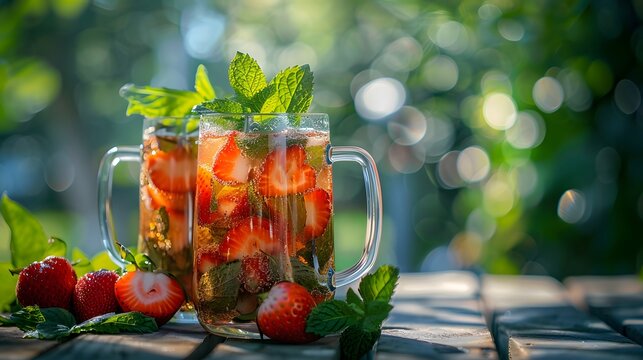 Pimms in glass mugs with strawberries and mint, outdoors on a table on a sunny day, focus on the drink.
