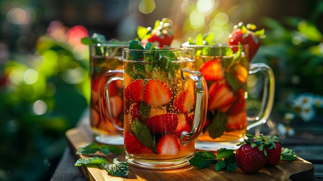 Pimms in glass mugs with strawberries and mint, outdoors on a table on a sunny day, focus on the drink.
