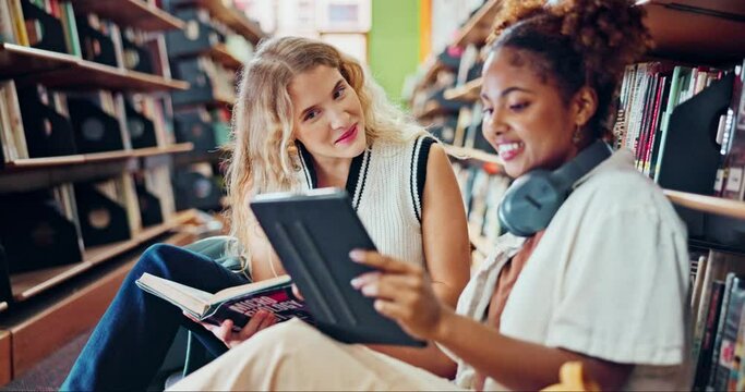 College, students and learning with tablet in library on campus or study ebook for online course. University, elearning and people reading with tech at academy for knowledge, info or project research