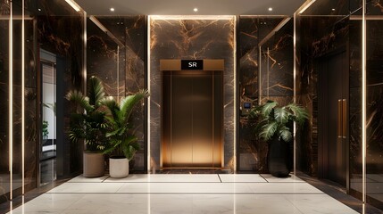 The resort hotel hall elevator entrance had dark brown marble walls with gold highlights and white...