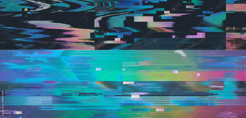 Poster Dark screen with glitchy lines and pixels. Video distortion effect concept.