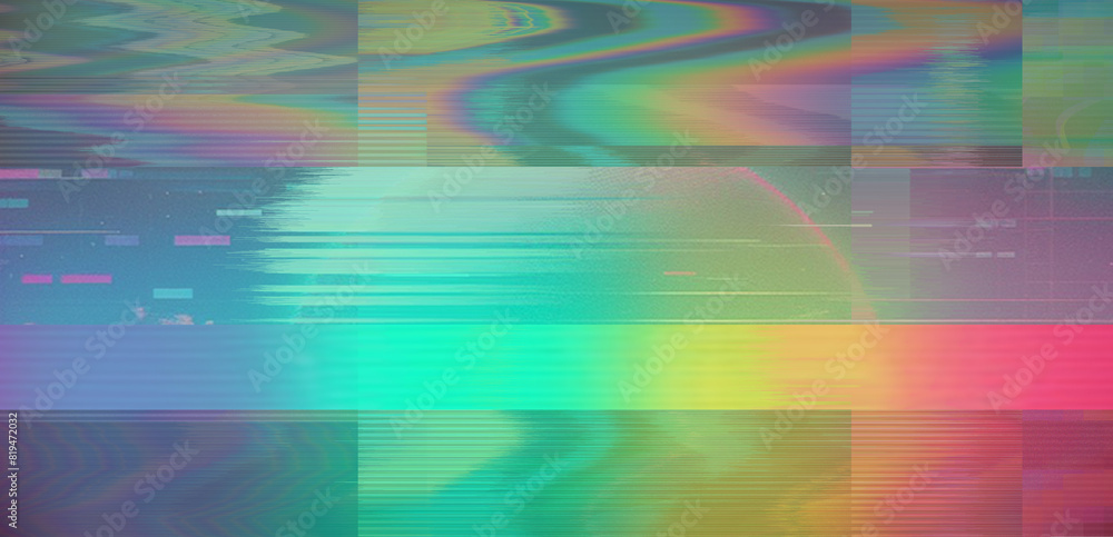 Poster vaporwave style background with glitch art effect and holographic pixelated flickers. concept of vid