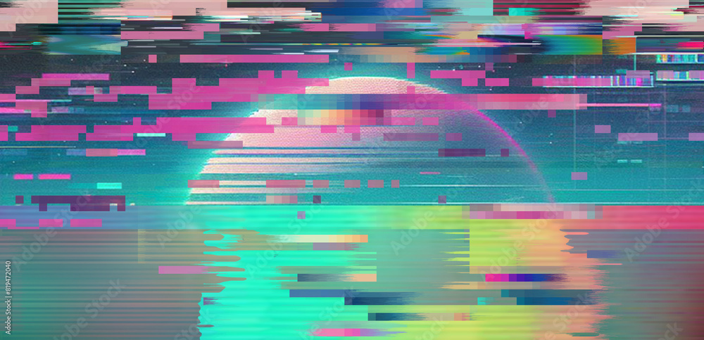 Poster Vaporwave style background with glitch art effect and holographic pixelated flickers. Concept of bug in program or video decay.