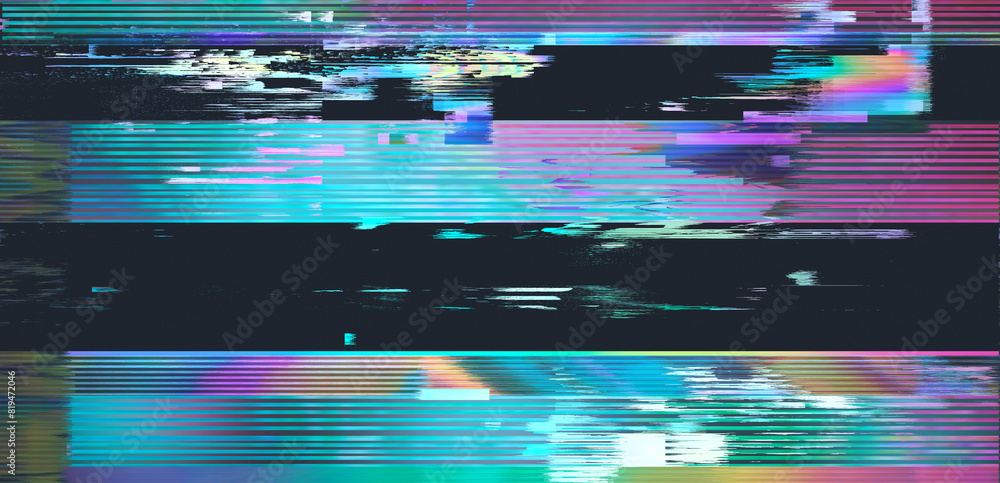 Poster dark background with glitchy lines and pixels. the concept of a tv screen playing a ruined vhs tape.