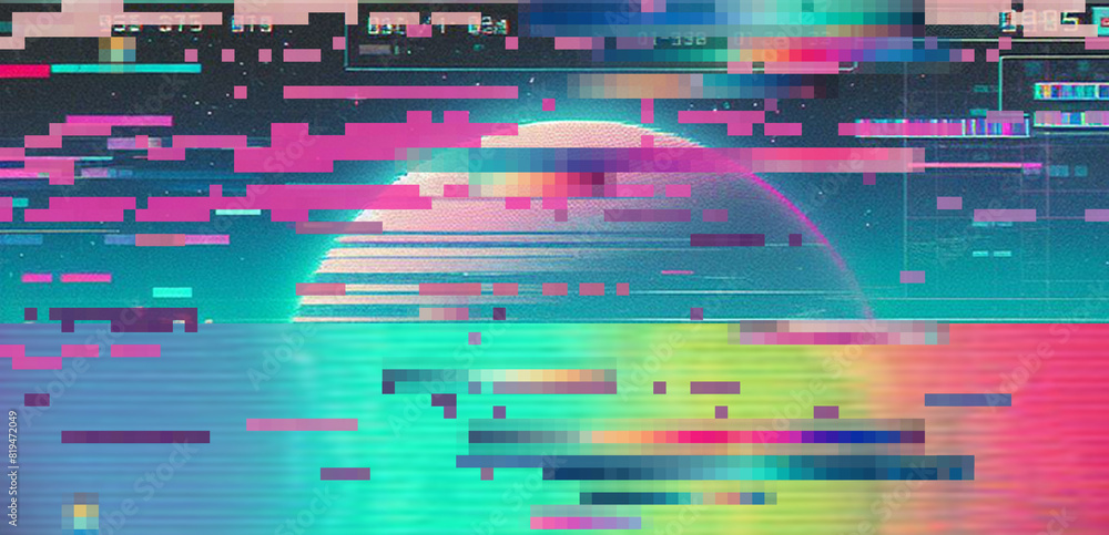 Poster Vaporwave style background with glitch art effect and holographic pixelated flickers. Concept of bug in program or video decay.
