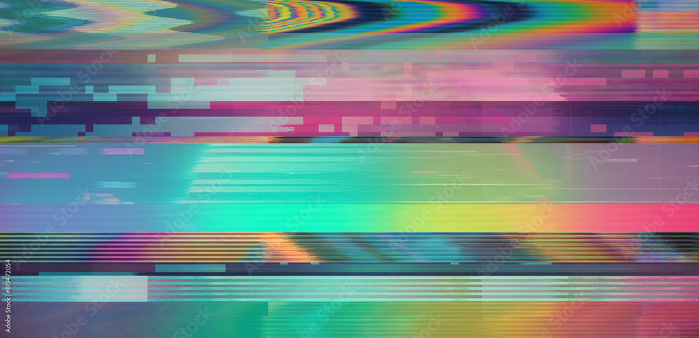 Poster Vaporwave style background with glitch art effect and holographic pixelated flickers. Concept of bug in program or video decay.