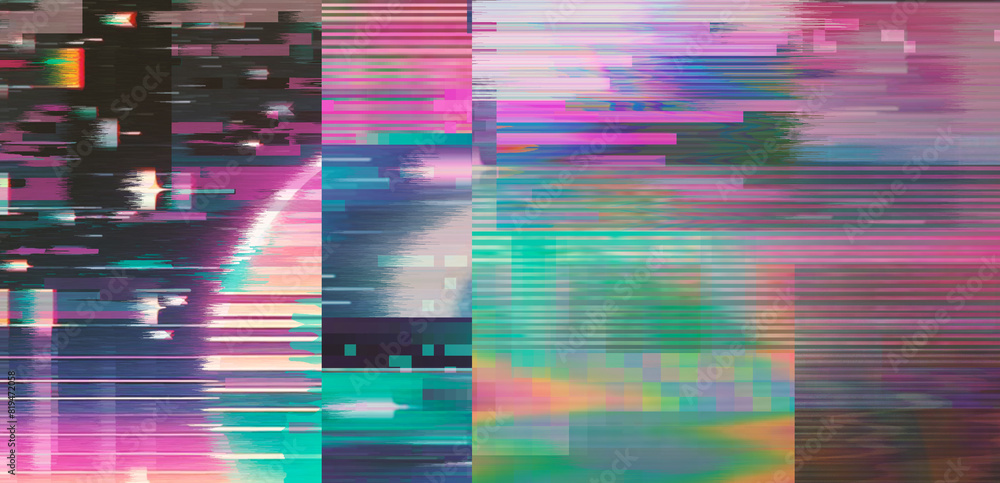 Poster Vaporwave style background with glitch art effect and holographic pixelated flickers. Concept of bug in program or video decay.