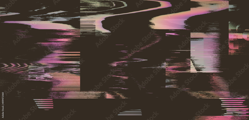 Poster dark background with glitchy lines and pixels. the concept of a tv screen playing a ruined vhs tape.