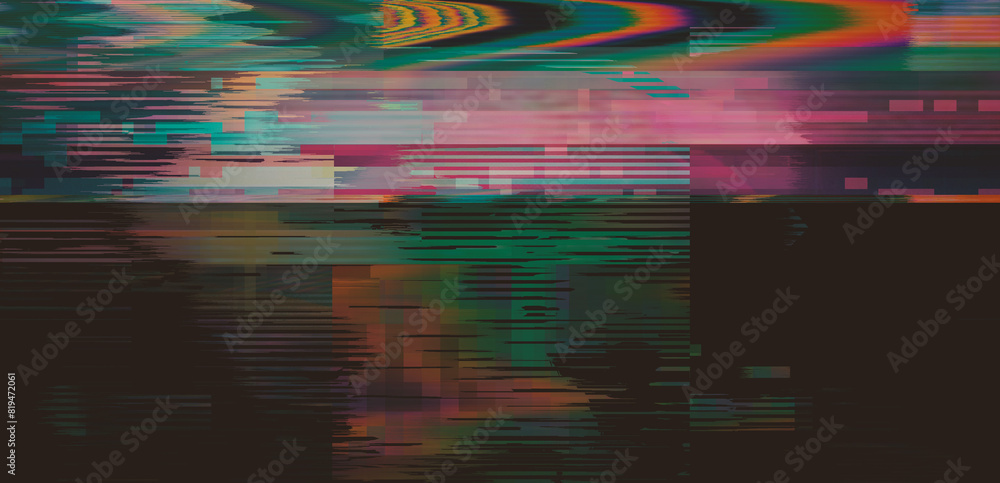 Poster dark background with glitchy lines and pixels. the concept of a tv screen playing a ruined vhs tape.