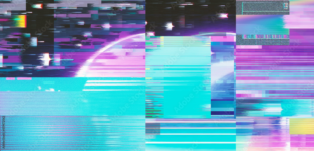 Aufkleber Vaporwave style background with glitch art effect and holographic pixelated flickers. Concept of bug in program or video decay.