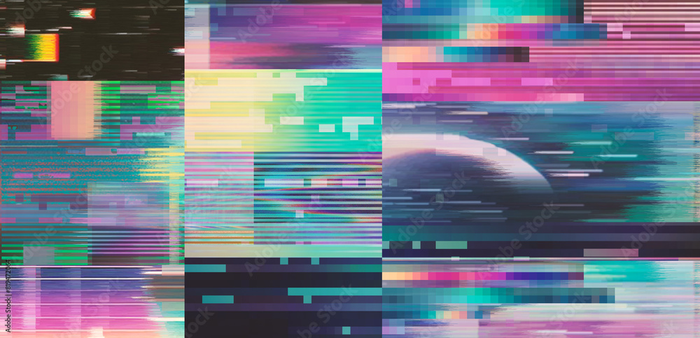 Poster Vaporwave style background with glitch art effect and holographic pixelated flickers. Concept of bug in program or video decay.