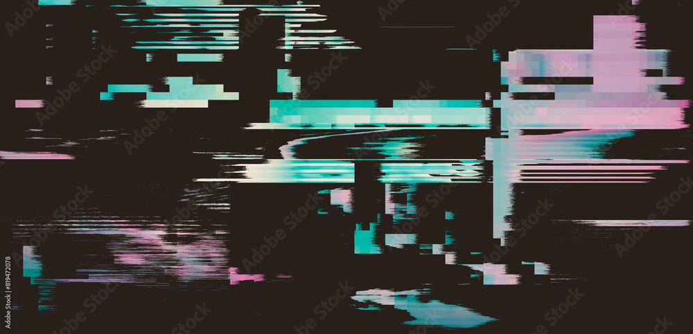 Poster dark background with glitchy lines and pixels. the concept of a tv screen playing a ruined vhs tape.