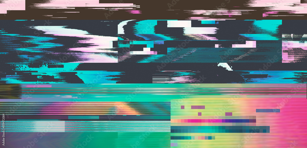 Poster dark background with glitchy lines and pixels. the concept of a tv screen playing a ruined vhs tape.