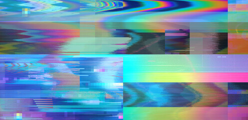 Vaporwave style background with glitch art datamoshing effect and holographic pixelated flickers. Concept of bug in program or video decay.