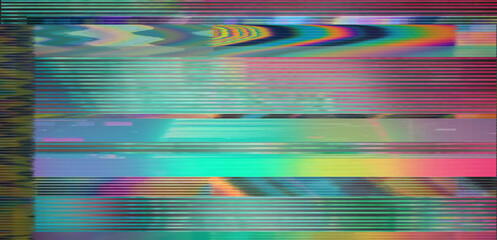 Vaporwave style background with glitch art effect and holographic pixelated flickers. Concept of video decay.