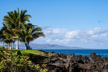 Cool blues of the Pacific Ocean and blue sky on the rugged lava rock coastline of Maui’s tropical...