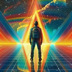 Man with a backpack standing on a futuristic grid, surrounded by neon lights and rainbow in a vibrant, dreamlike landscape.