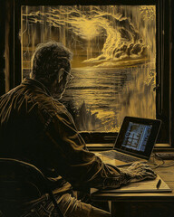 Man working on laptop by window, gazing at storm and ocean view, creating a moody and reflective atmosphere.