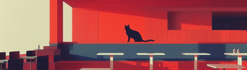 Minimalist illustration of a black cat sitting on a ledge in a modern cafe with bold red and blue geometric shapes.
