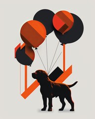 Modern art poster with a black dog and geometric balloons, combining abstract shapes and vibrant colors on a clean background.
