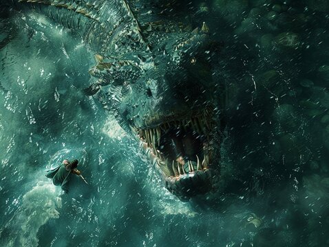 Aerial perspective of Beowulf diving into the mere to face Grendel s mother, dark waters , hyper detailed