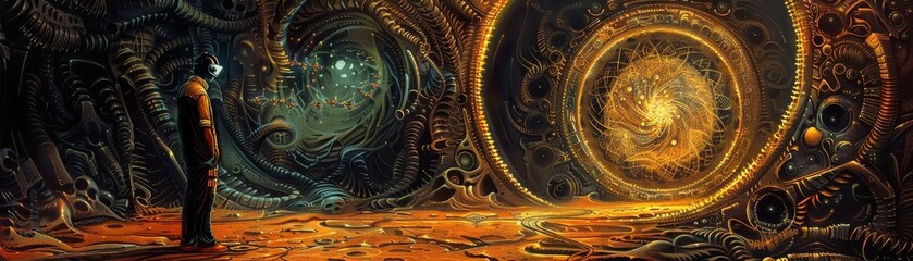 Person standing before a glowing portal in a steampunk-themed, futuristic environment filled with gears and mechanical intricacies.