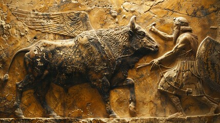 Looking down on Gilgamesh and Enkidu grappling with the Bull of Heaven, dusty plains , Ideogram