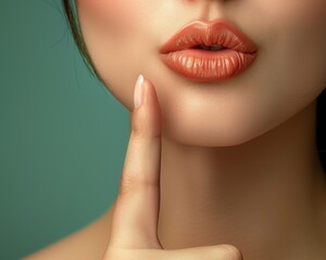 Obraz premium Close-up of woman with finger on lips, signaling silence. Focus on lips with soft lighting and green background.