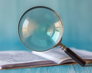 Magnifying glass positioned over an open book on a teal surface, symbolizing research, analysis, and detailed examination.